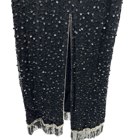 Vintage Fully Beaded Black Silver Evening Gown XL 14 Sequin Long Dress A… - Picture 12 of 16